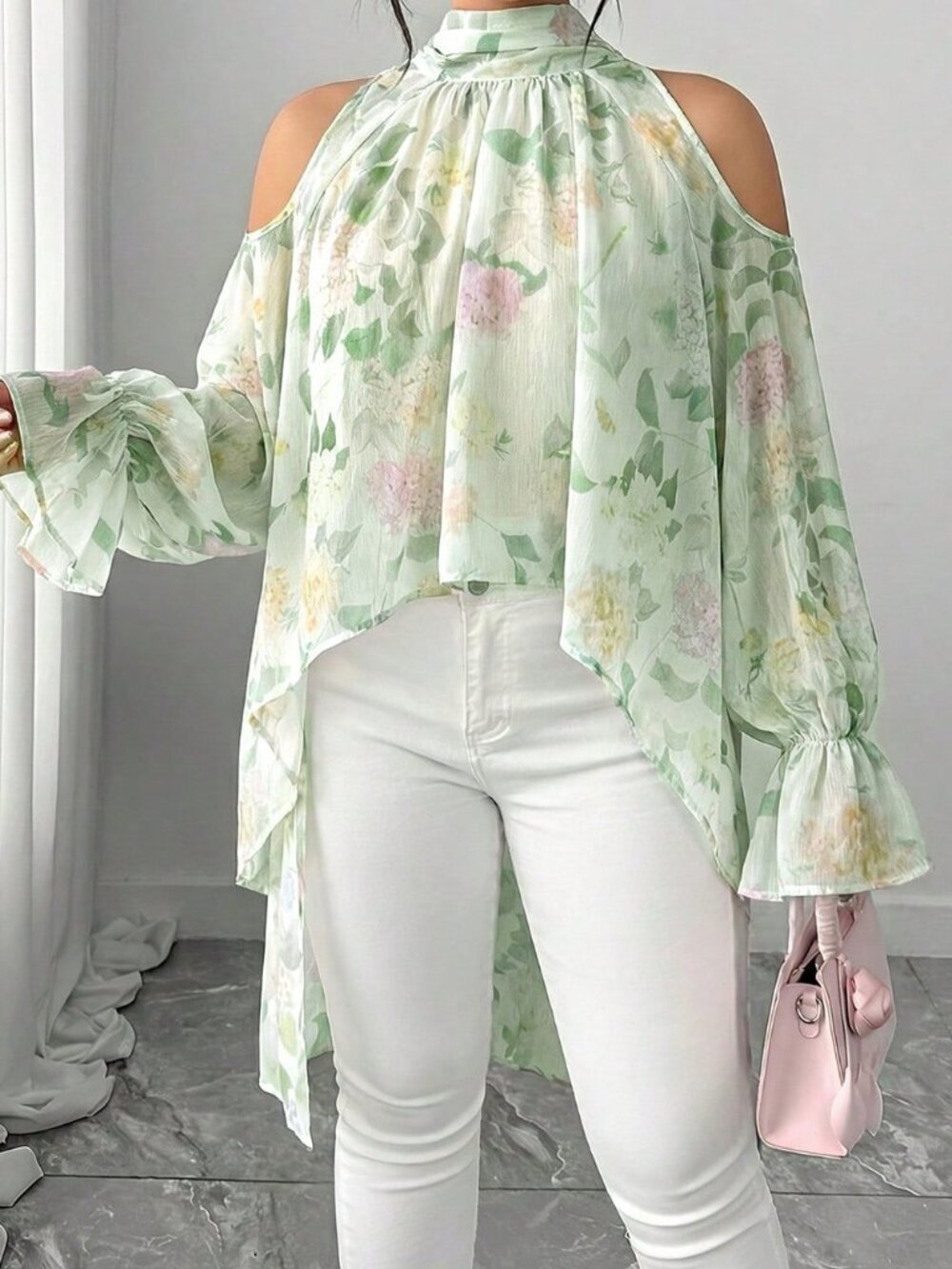 Green Casual Women's Plus Size Semi-Sheer Long Sleeve Hydrangea Print Blouse - Picture 4 of 6